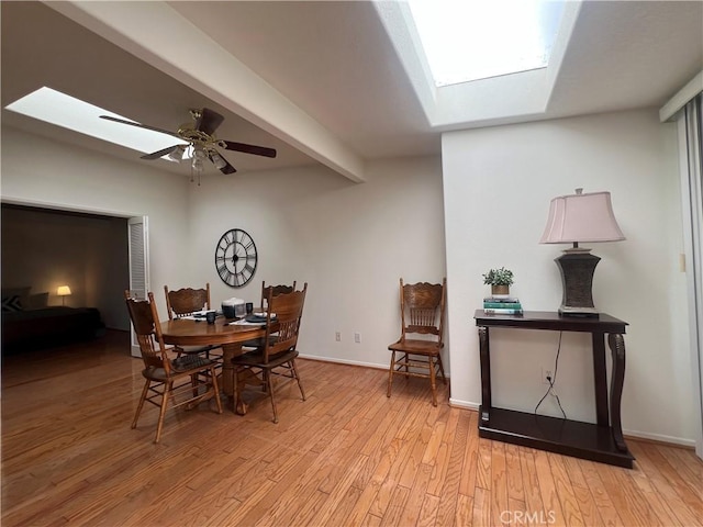13721 El Dorado Dr Unit M3-K, Seal Beach, CA 90740 - dining area with a skylight, light wood-style flooring, ceiling fan, and beam ceiling