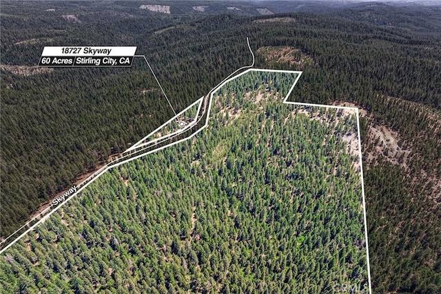 18727 Skyway, Stirling City, CA 95978 - aerial view of property and surrounding area with a forest and property parcel outlined