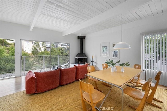 3102 Durand Dr, Los Angeles, CA 90068 - dining room with beam ceiling, a wood stove, healthy amount of natural light, and light wood-style flooring