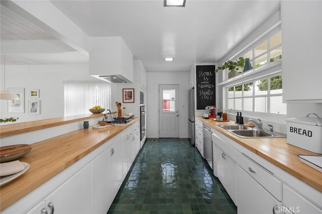 3102 Durand Dr, Los Angeles, CA 90068 - kitchen with wood counters, a sink, stainless steel appliances, white cabinetry, and plenty of natural light
