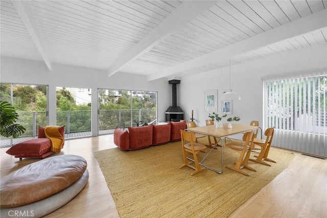 3102 Durand Dr, Los Angeles, CA 90068 - living area featuring beamed ceiling, a wood stove, healthy amount of natural light, and light wood finished floors