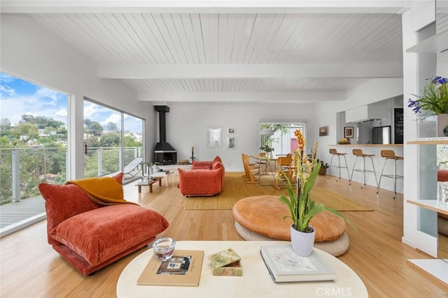 3102 Durand Dr, Los Angeles, CA 90068 - living area with a wood stove, beam ceiling, and light wood finished floors