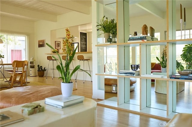3102 Durand Dr, Los Angeles, CA 90068 - sitting room with wood finished floors and wood ceiling with exposed beams