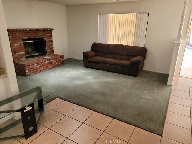 12787 Algonquin Rd, Apple Valley, CA 92308 - living area featuring carpet floors and a brick fireplace