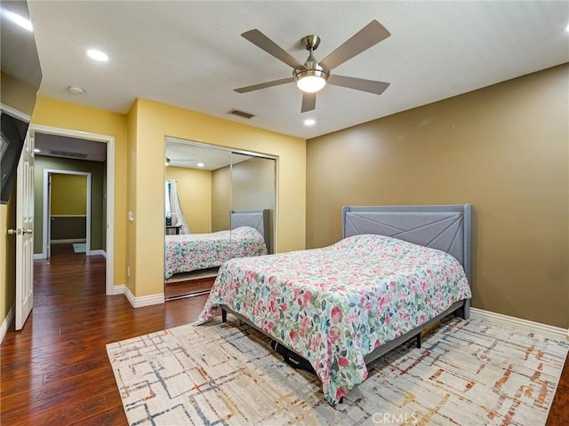 8242 Daisy Ln, Riverside, CA 92508 - bedroom featuring wood finished floors, a closet, baseboards, recessed lighting, and a ceiling fan
