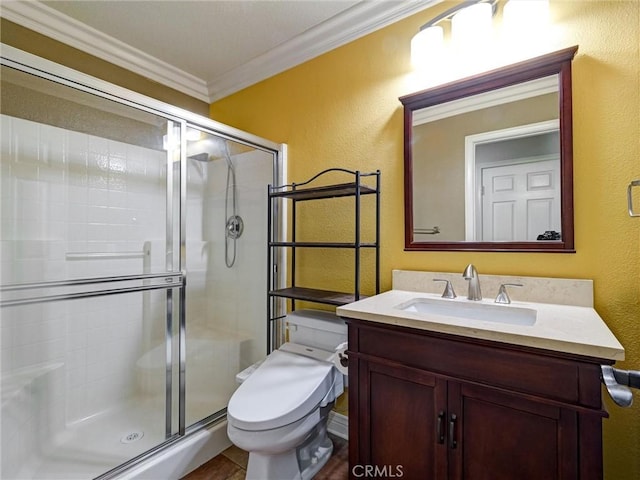 8242 Daisy Ln, Riverside, CA 92508 - bathroom with crown molding, a textured wall, toilet, vanity, and a shower stall