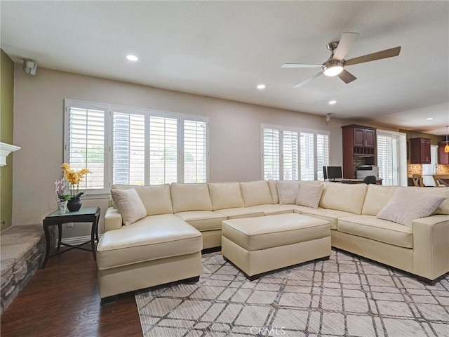 8242 Daisy Ln, Riverside, CA 92508 - living room featuring a ceiling fan, light wood finished floors, and recessed lighting