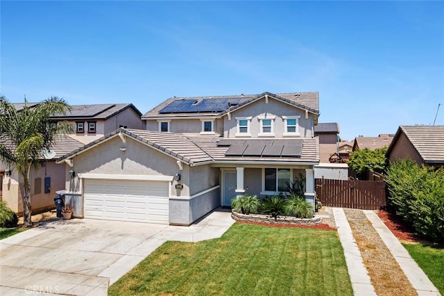 1413 La Quinta Way, Madera, CA 93638 - traditional-style home featuring solar panels, a garage, stucco siding, driveway, and a residential view