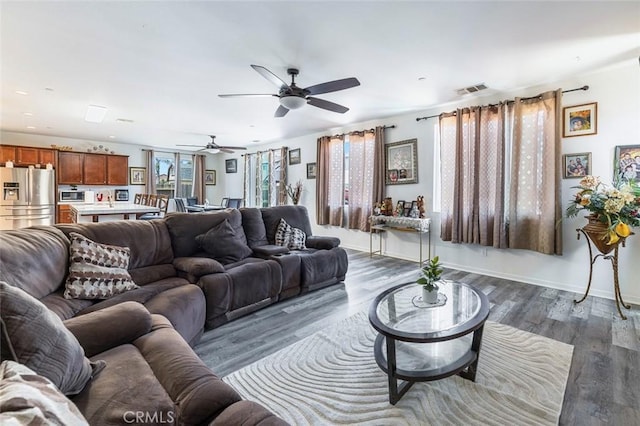 1413 La Quinta Way, Madera, CA 93638 - living room featuring a ceiling fan, dark wood-type flooring, and recessed lighting
