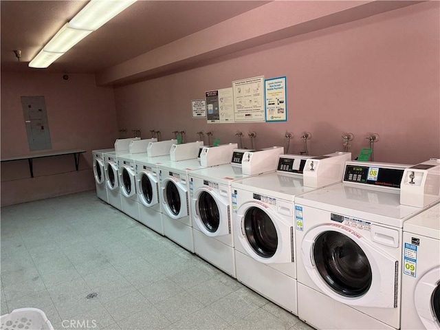 450 E 4th St Unit 207, Santa Ana, CA 92701 - shared laundry featuring washer and dryer, electric panel, and light floors