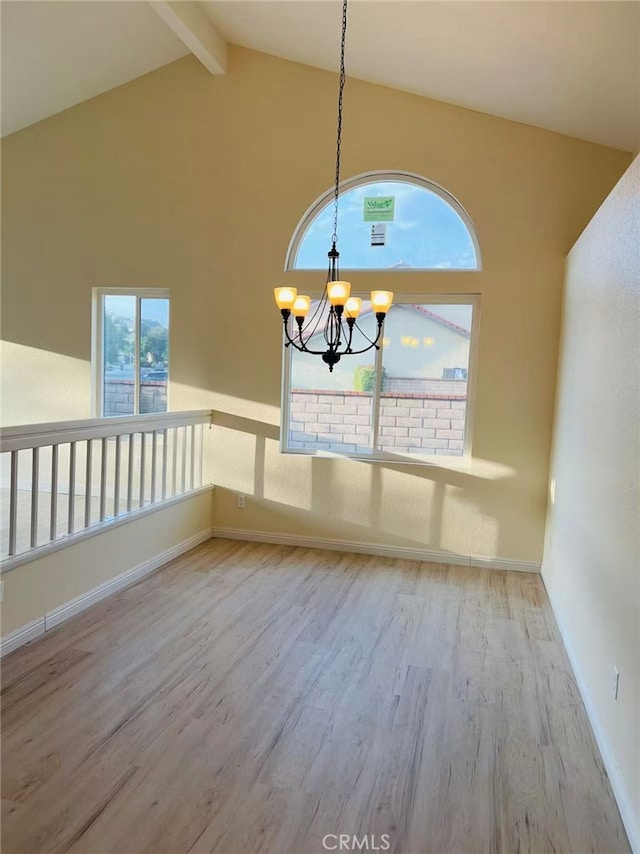 1202 Longview Dr, Diamond Bar, CA 91765 - unfurnished dining area featuring a chandelier, wood finished floors, beamed ceiling, high vaulted ceiling, and baseboards