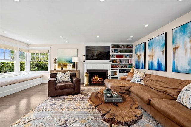 620 Brooks St, Laguna Beach, CA 92651 - living room featuring a warm lit fireplace, wood finished floors, recessed lighting, and baseboards