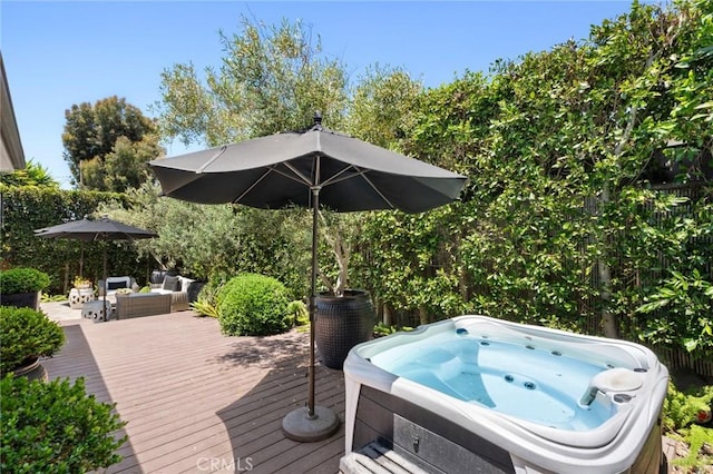 620 Brooks St, Laguna Beach, CA 92651 - wooden terrace featuring a hot tub and an outdoor hangout area