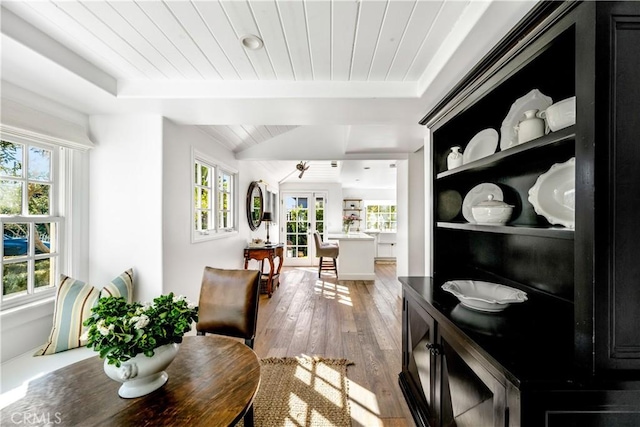 31847 8th Ave, Laguna Beach, CA 92651 - dining space with wooden ceiling, hardwood / wood-style floors, french doors, and lofted ceiling