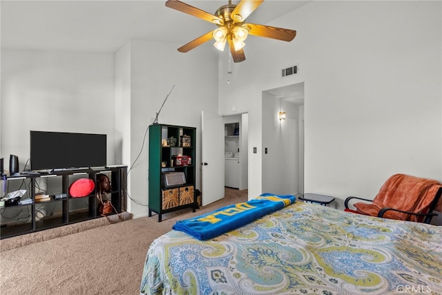 21817 Figueroa St Unit 5, Carson, CA 90745 - bedroom with carpet flooring, high vaulted ceiling, and ceiling fan