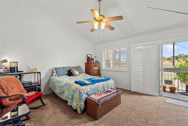 21817 Figueroa St Unit 5, Carson, CA 90745 - carpeted bedroom with access to exterior, multiple windows, lofted ceiling, and ceiling fan