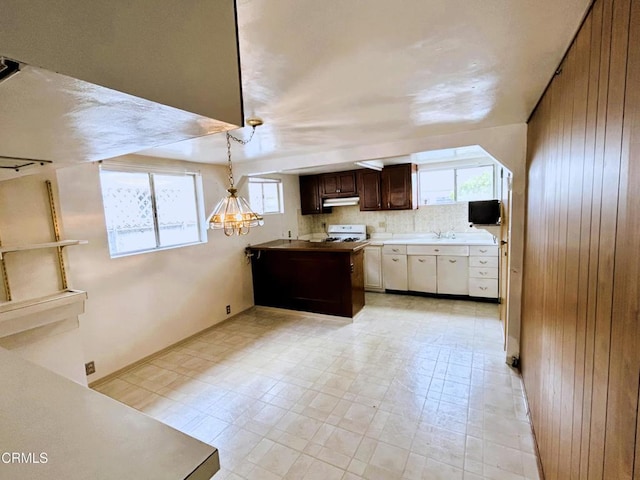 5021 Alvarado St, Carpinteria, CA 93013 - kitchen featuring white range, under cabinet range hood, wood walls, dark brown cabinets, and a peninsula