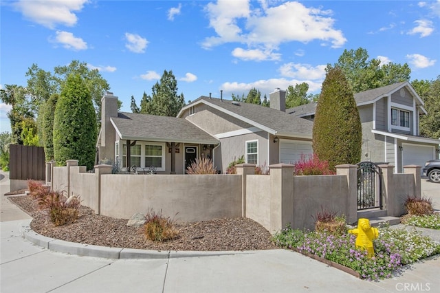 27702 Quincy St, Castaic, CA 91384 - view of front of house with a fenced front yard, a chimney, a gate, and stucco siding
