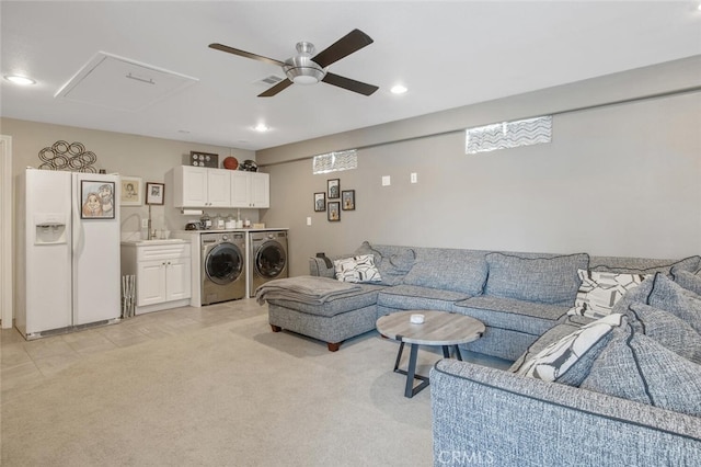 27702 Quincy St, Castaic, CA 91384 - living room with washing machine and clothes dryer, ceiling fan, and recessed lighting