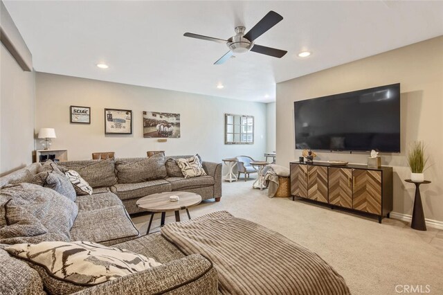 27702 Quincy St, Castaic, CA 91384 - living room featuring light colored carpet, ceiling fan, recessed lighting, and baseboards