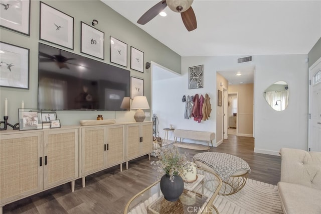 27702 Quincy St, Castaic, CA 91384 - living area with a ceiling fan, dark wood-type flooring, lofted ceiling, and baseboards