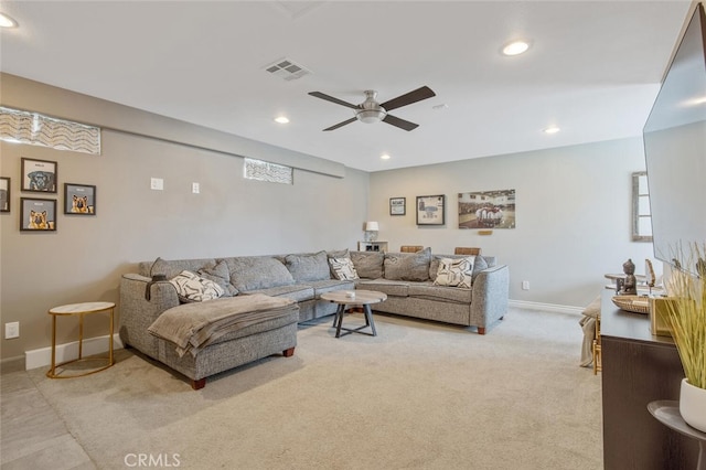 27702 Quincy St, Castaic, CA 91384 - living room featuring a ceiling fan, light carpet, baseboards, and recessed lighting
