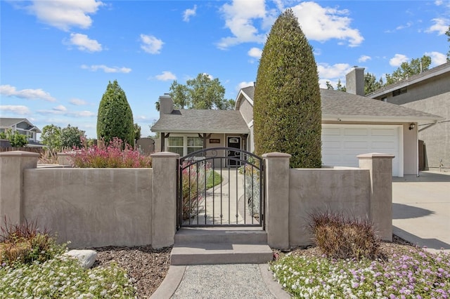 27702 Quincy St, Castaic, CA 91384 - view of front facade with a fenced front yard, concrete driveway, an attached garage, a gate, and a chimney