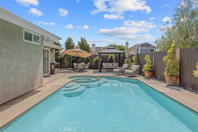 27702 Quincy St, Castaic, CA 91384 - view of pool with a gazebo, an outdoor living space, a patio area, and a fenced backyard