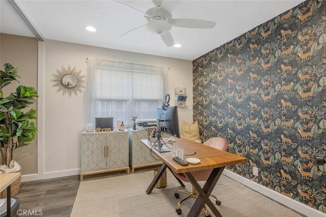 27702 Quincy St, Castaic, CA 91384 - office area featuring ceiling fan, baseboards, wood finished floors, recessed lighting, and wallpapered walls