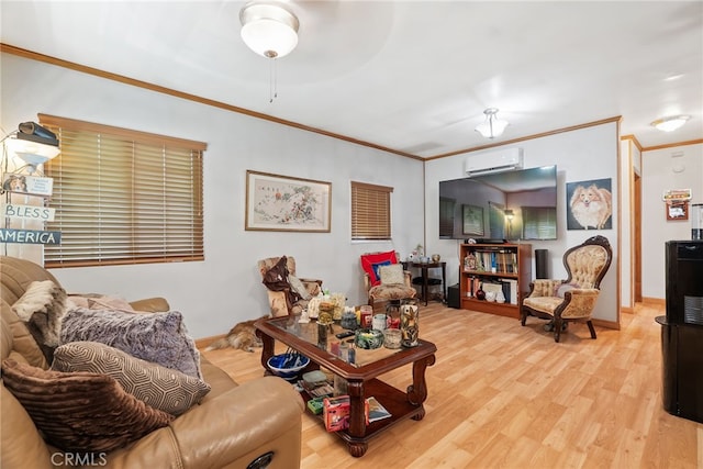 1876 Oregon Ave, Long Beach, CA 90806 - living area with ornamental molding, wood finished floors, a wall unit AC, baseboards, and ceiling fan