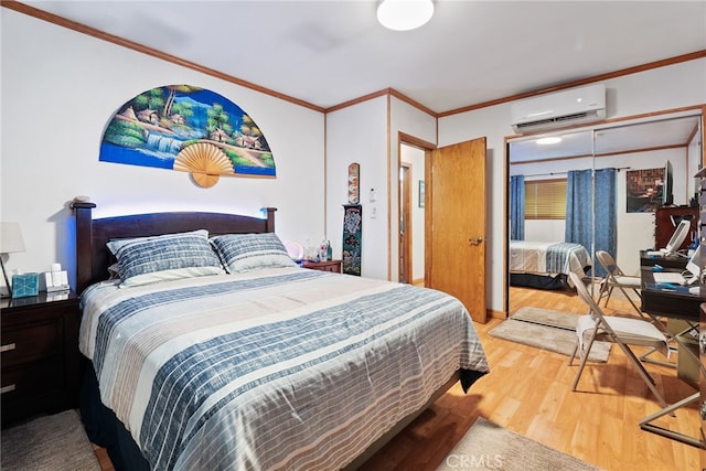 1876 Oregon Ave, Long Beach, CA 90806 - bedroom featuring a wall mounted air conditioner, wood finished floors, and crown molding