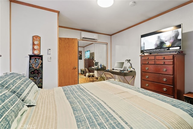 1876 Oregon Ave, Long Beach, CA 90806 - bedroom with a wall mounted AC, ornamental molding, a desk, and a closet