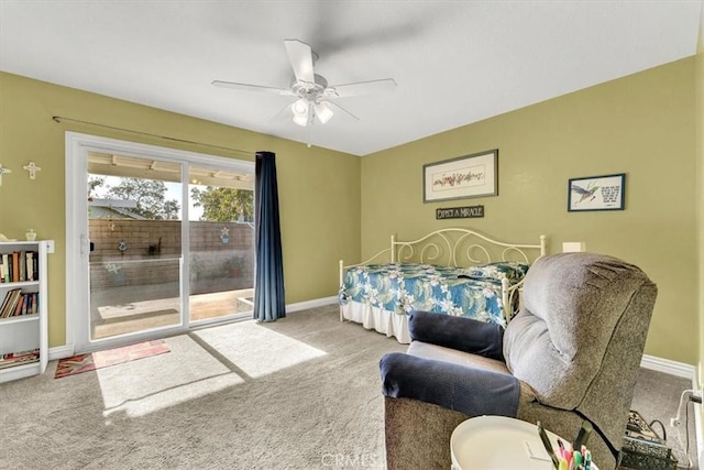 6713 Coral Ct, Rancho Cucamonga, CA 91701 - bedroom with carpet floors, access to exterior, baseboards, and a ceiling fan