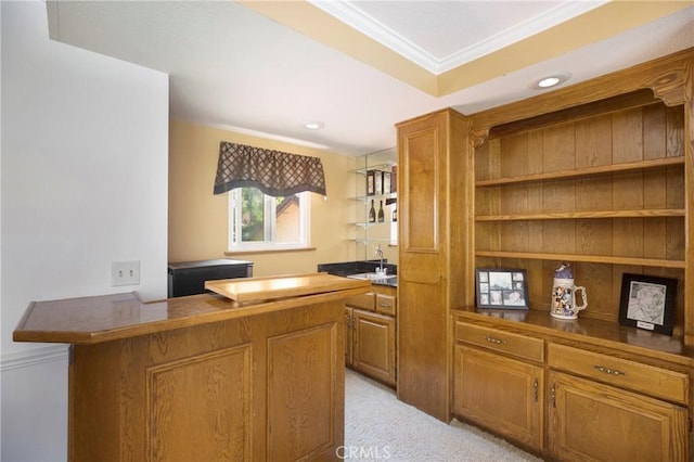 24002 Cormorant Ln, Laguna Niguel, CA 92677 - bar area featuring ornamental molding, a sink, light colored carpet, and recessed lighting