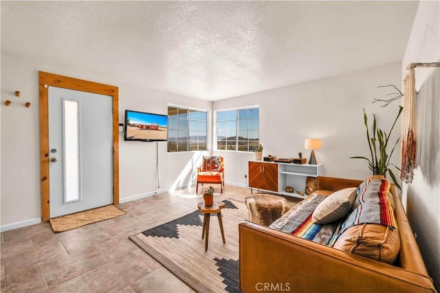 55850 Shannon Rd, Landers, CA 92285 - living room with healthy amount of natural light, a textured ceiling, and baseboards