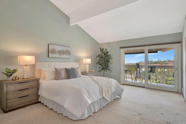 55 Jasmine Creek Dr, Corona Del Mar, CA 92625 - bedroom featuring access to outside, beamed ceiling, carpet floors, and high vaulted ceiling