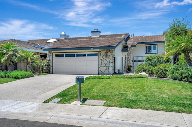 55 Jasmine Creek Dr, Corona Del Mar, CA 92625 - single story home with an attached garage, concrete driveway, stone siding, and a chimney