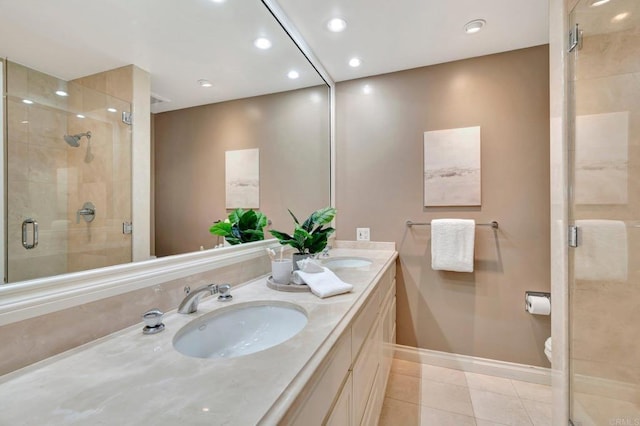 55 Jasmine Creek Dr, Corona Del Mar, CA 92625 - full bath featuring double vanity, tile patterned floors, a shower stall, and recessed lighting