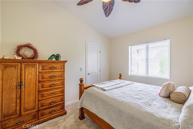 5340 Gardendale Ln, Palmdale, CA 93551 - bedroom featuring light carpet, lofted ceiling, baseboards, and a ceiling fan