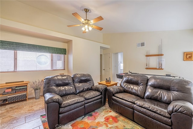5340 Gardendale Ln, Palmdale, CA 93551 - living room with lofted ceiling, ceiling fan, and baseboards