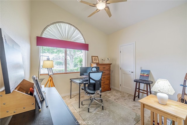 5340 Gardendale Ln, Palmdale, CA 93551 - carpeted office space featuring a ceiling fan, baseboards, and high vaulted ceiling