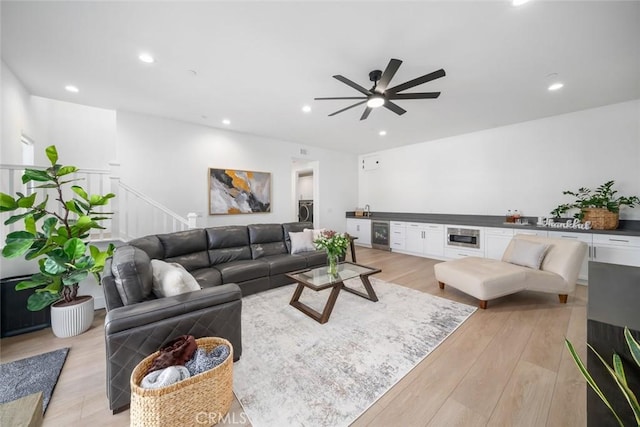4019 Hillside Dr, San Luis Obispo, CA 93401 - living room with ceiling fan, light wood finished floors, recessed lighting, and beverage cooler