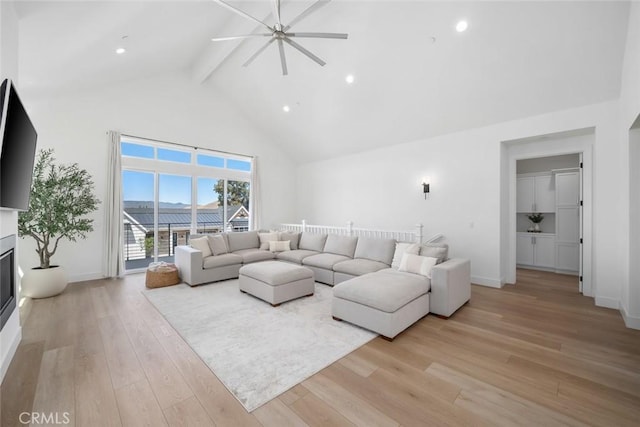 4019 Hillside Dr, San Luis Obispo, CA 93401 - living room featuring high vaulted ceiling, beam ceiling, ceiling fan, light wood-style flooring, and a glass covered fireplace
