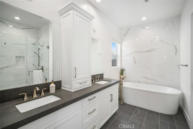 4019 Hillside Dr, San Luis Obispo, CA 93401 - full bath featuring double vanity, a freestanding tub, a marble finish shower, and recessed lighting