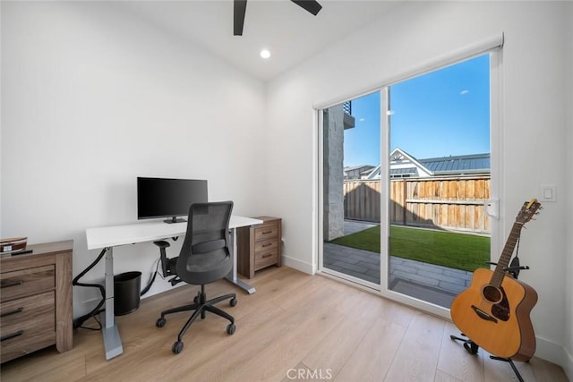 4019 Hillside Dr, San Luis Obispo, CA 93401 - home office with wood finished floors, a ceiling fan, and recessed lighting