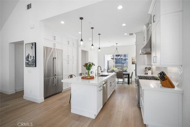 4019 Hillside Dr, San Luis Obispo, CA 93401 - kitchen featuring premium appliances, an island with sink, light countertops, white cabinetry, and recessed lighting