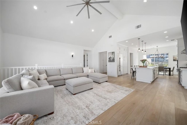 4019 Hillside Dr, San Luis Obispo, CA 93401 - living room with a ceiling fan, beam ceiling, high vaulted ceiling, light wood-style floors, and recessed lighting