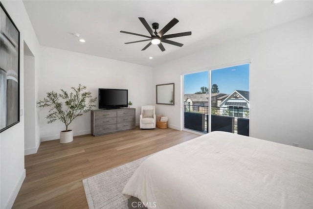 4019 Hillside Dr, San Luis Obispo, CA 93401 - bedroom featuring access to exterior, wood finished floors, recessed lighting, and ceiling fan