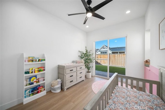 4019 Hillside Dr, San Luis Obispo, CA 93401 - bedroom featuring wood finished floors, access to outside, recessed lighting, and a ceiling fan