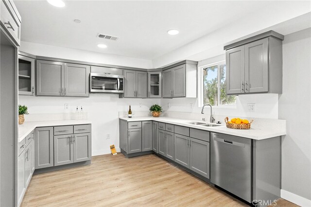 500 N Brannick Ave Unit 2, City Terrace, CA 90063 - kitchen with appliances with stainless steel finishes, a sink, gray cabinets, light wood-style floors, and recessed lighting